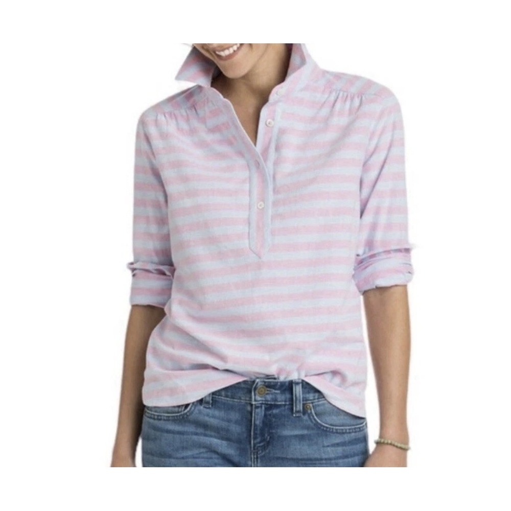 Vineyard Vines‎ Shirt Women's 2 Pink Striped Button Popover Long Sleeve Top
